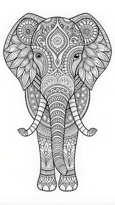 an elephant with intricate patterns on it's face and trunk, in black and white