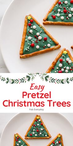 easy pretzel christmas trees on a white plate