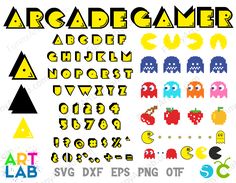 the alphabet and numbers are made up of different types of video game characters, including pacman