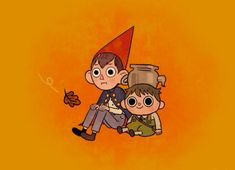 two children sitting on top of each other in front of an orange background with leaves