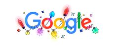 the google logo is surrounded by stars and confetti