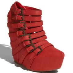 Worn Once!!! Such A Show Stopper Piece. Red Wedge Heels, Red Wedges, Wedge Bootie, Latest Shoe Trends, Things I Adore, Jeffrey Campbell Shoes, Red Suede, Crazy Shoes, I Love Shoes