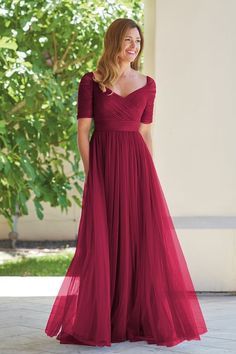 J215001 Netting with Stretch Lining MOB Dress with Portrait V-Neckline Sheer Bodice V-neck Bridesmaid Dress, Net Dress Design, Gown Dress Design, Gown Dress Party Wear, Simple Frock Design, Gown Party Wear, Long Frock Designs, Simple Frocks