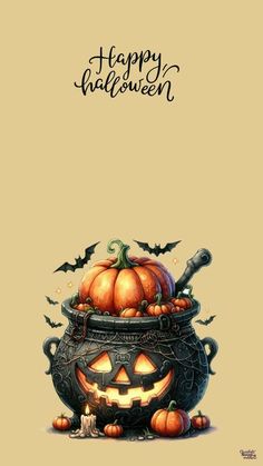 a happy halloween card with pumpkins in a caulder