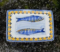 a blue and yellow plate with two fish on it sitting on the ground next to some rocks