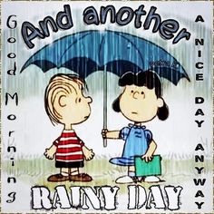 a charlie brown and snoopy holding an umbrella in the rain with words written below it