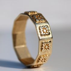 14k Solid Gold Textured Floral Wide Band Ring - Etsy