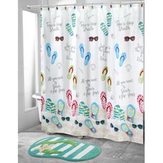 a shower curtain with flip flops and sunglasses on it