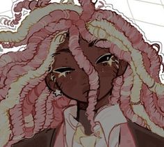 a drawing of a woman with pink dreadlocks on her head and hair blowing in the wind