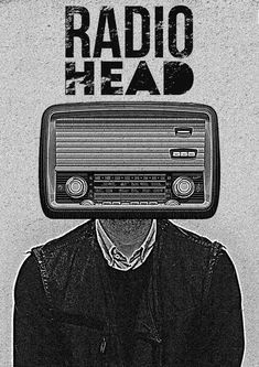 a man with an old radio on his head and the words radio head above him