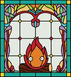 a stained glass window with a fire in it