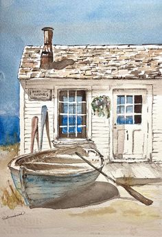 a watercolor painting of a boat sitting in front of a white building on the beach