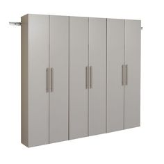 a white cabinet with four doors and two handles on each side, in front of a white background