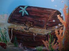 a painting of an old chest under the seaweed with a starfish on it