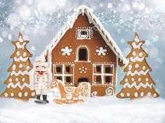 a gingerbread house is decorated with white icing