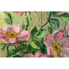 a painting of pink flowers with green leaves