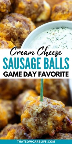 cream cheese sausage balls game day favorite is served on a stick with ranch dip in the background