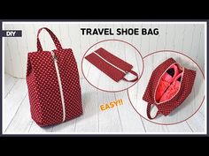 the travel shoe bag is red and white with polka dots on it, along with an easy