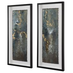 two framed art pieces with gold and silver paint on the edges, one in black frame