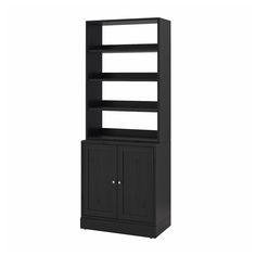 a black bookcase with two doors and drawers