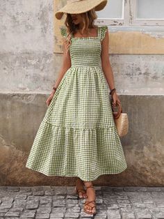 Verde Casual,Bohemio Collar sin mangas Tela Guingán,A cuadros A línea Embellished No-Elástico Summer Modest Outfits, Leisure Dress, Modest Outfit Ideas, A Line Maxi Dress, European Summer Outfits, Stylish Work Outfits, Women Long Dresses, Boho Casual, Everyday Dresses