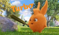 an animated rabbit with a baseball bat in its mouth and the words turbo on it