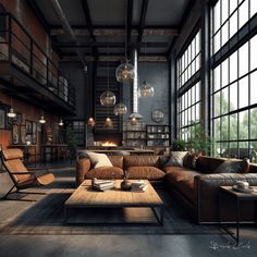 an industrial living room with leather furniture and large windows