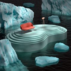 a red chair sitting on top of an iceberg