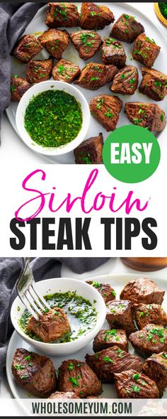 steaks and sauce on plates with the words easy side - by - side steak tips