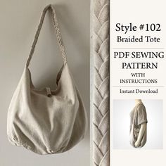 a handbag hanging on the wall next to an instruction manual for how to sew