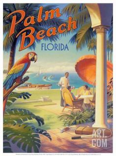 an advertisement for palm beach, florida with two parrots on the porch and people sitting at