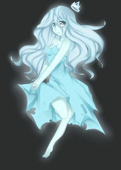 a drawing of a woman with long white hair wearing a blue dress and flying a butterfly