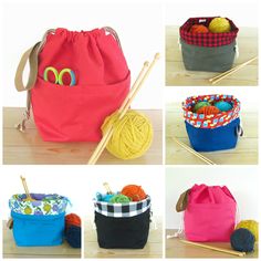 four different types of bags with yarn and knitting needles in them, including balls of yarn and crochet hooks