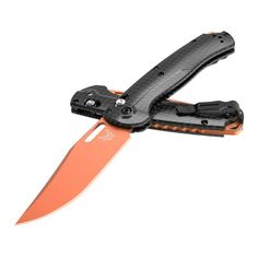 an orange and black folding knife on a white background