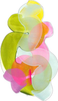 an abstract painting with different colors and shapes on it's sides, including pink, green, yellow, and white