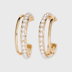 Elevate any outfit with this Pearl Double Illusion Hoop Earrings from A New Day™. These gold-tone hoop earrings feature a unique double illusion hoop design that's studded with many white faux pearls for beautiful style. These lightweight hoop earrings come with post-back closures for secure wear and you can pair these hoops with a black dress and heels or with casual jeans and a tee to accessorize your look. A New Day™: Style that goes wherever you do. Gold Hoop Earrings With Pearls, Double Gold Hoop Earrings, Gold Hoops With Pearls, Gold And Pearl Hoop Earrings, Everyday Gold Pearl Hoop Earrings, Faux Double Hoop Earrings, Trendy Hoop Pearl Earrings, Preppy Earrings, Gold Bracelets Stacked