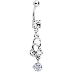 an image of a dangling belly ring with crystal stones on the bottom and a heart