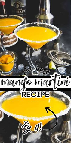 two martinis with orange juice in them and the words mango martini recipe below it