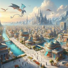 an artist's rendering of a city with dragon flying over the buildings and water