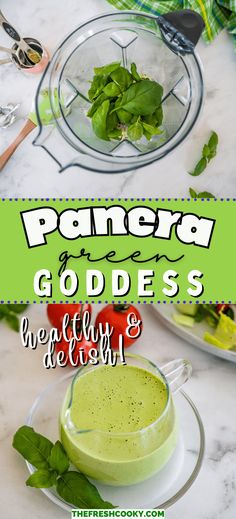 panera green goddess smoothie with spinach and fresh basil on the side in a glass bowl