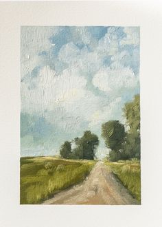 an oil painting of a dirt road in the middle of a green field with trees