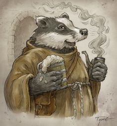 a raccoon dressed in medieval clothing holding a pipe