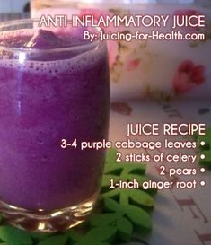 a purple smoothie in a glass with information about the recipe and ingredients to make it