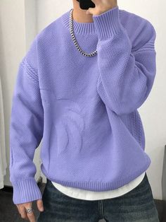 Men's Drop Shoulder Casual Palm Tree Graphic Long Sleeve Pullover Sweater, For Going Out, Friends Purple Casual  Long Sleeve Knitwear Plain Pullovers Slight Stretch  Men Clothing, size features are:Bust: ,Length: ,Sleeve Length: Purple Outfits Men, Purple Shoes Outfit, Pull Violet, Purple Sweater Outfit, Sweatshirt Outfit Men, Sweater Outfits Men, Black Men Fashion Casual, Outfits Hombre, Cozy Winter Outfits