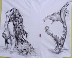 two drawings of mermaids with long hair and tails, one in black and white