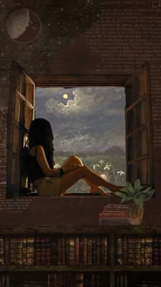 a painting of a woman sitting on a window sill looking out at the moon