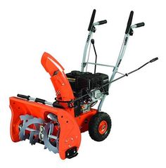 an orange snow blower with two large wheels