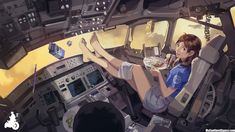 a woman sitting in the cockpit of an airplane eating