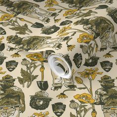 an image of a wallpaper with yellow and black flowers on white background that is very detailed