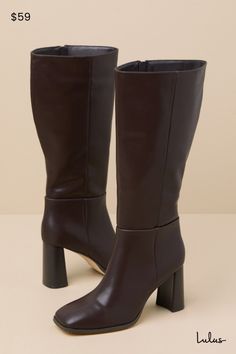 We're certain the Lulus Reelee Chocolate Square Toe Knee-High Boots are going to be huge this season! Sleek faux leather shapes these mega trendy boots that have a square toe upper and a classic knee-high shaft with a 15"" circumference. Seamed detail at the vamp adds a perfectly tailored touch while a flared block heel adds some height. 16"" zipper at instep. 3. 5" stacked block heel. Cushioned insole. Rubber sole has nonskid markings. All Man Made Materials. Imported. Lulus | Reelee Chocolate Square Toe Knee-High High Heel Boots. Wide Calf Square Toe Faux Leather Platform Boots, Wide Calf Square Toe Platform Boots In Faux Leather, Wide Calf Faux Leather Platform Boots With Square Toe, Chic Square Toe Platform Boots In Faux Leather, Chic Faux Leather Platform Boots With Square Toe, Chic Square Toe Faux Leather Knee-high Boots, Chic Faux Leather Square Toe Knee-high Boots, Trendy Faux Leather Knee-high Boots With Square Toe, Brown Square Toe Knee-high Faux Leather Boots